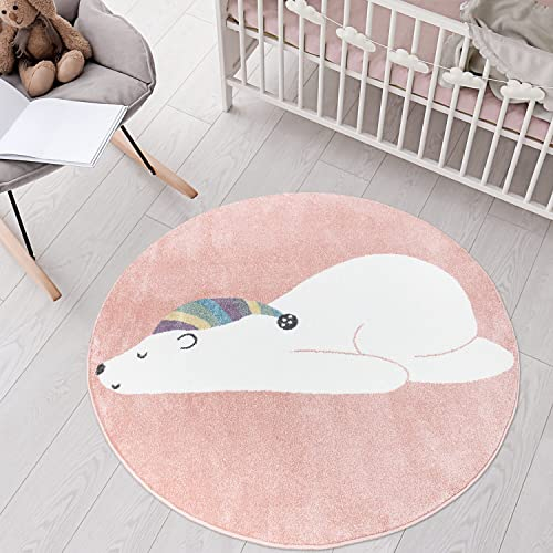 carpet city Teppich Kinderzimmer Tier-Motiv - Rosa - 160 cm Rund - Kinderteppich Kurzflor Bär mit Schlafmütze - Weicher Flor