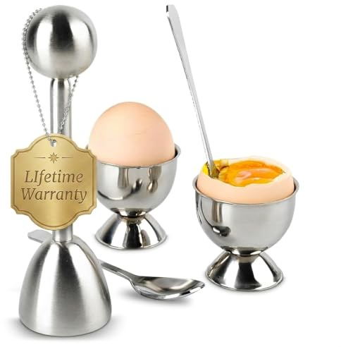 Egg Shell Opener Set – 2 Pcs Egg Cups for Soft Boiled Eggs & Hard Boiled Eggs (Fits L–XL Sizes), 2 Pcs Spoons, Stainless Steel Build – Ergonomic Design with Adjustable Effort for Precise Cracking