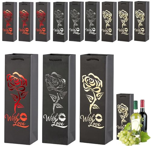 Kraftpapper vinflaskväskor med starka rephandtag, 12-pack svarta flaskväskor för vin, whisky, champagne, återanvändbar vinpåse enkel vinflaska presentpåsar för jul bröllop födelsedagsfest