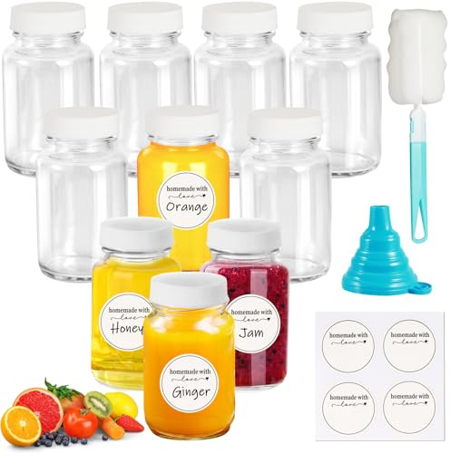 Mispudin Glass Shot Bottles with Lids 60ml/2oz, 10Pcs Mini Ginger Shot Bottles Glass with Wide Mouth, Small Bottle for Juice, Ginger, Reusable Wellness Bottle with Funnel, Brush, Label