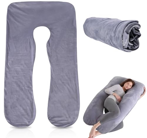LEKEFETO Funda de almohada de maternidad en forma de U, funda de almohada extraíble de algodón en forma de U para maternidad, funda de repuesto para adultos, lavable a máquina, 140 x 80 cm, gris