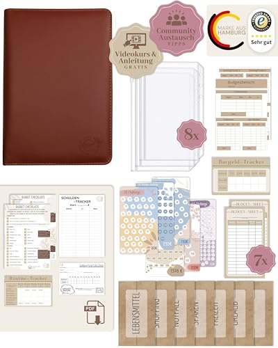 BeginnerBudget® Budget Planner Deutsch - Starterset mit Sparchallenge Budgetplaner - Sparen mit Umschlagmethode + Anleitung - Ringbuch - Binder A6 Geldbeutel Zipper (Braun)