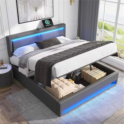 BTM Upholstered Double Bed with USB Port (Wireless & Wired Charging), LED Lighting and Storage Space, PU-Lychee Double Bed Frame with Adjustable Headboard, No Mattress, 4ft6-135x190cm