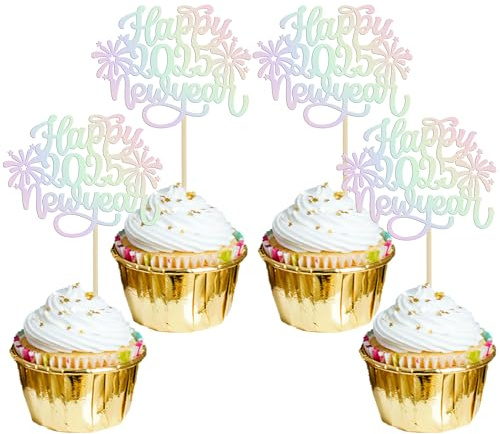 Gyufise 24 Stück 2025 Happy New Year Cupcake Toppers Glitter Hello 2025 Feuerwerk Cupcake Picks für Willkommen 2025 Happy New Year's Eve Kuchen Dekorationen Partyzubehör Laser Silber