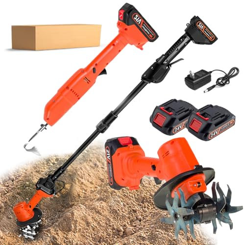 Cordless Tiller Cultivator, Electric Mini Digging Hoe & Telescopic Pole, Two Batteries, Hand-Held Micro Tiller Weeding Machine for Cutting Grass, Wheat, Tea Tree, Soil Preparation, Weeding
