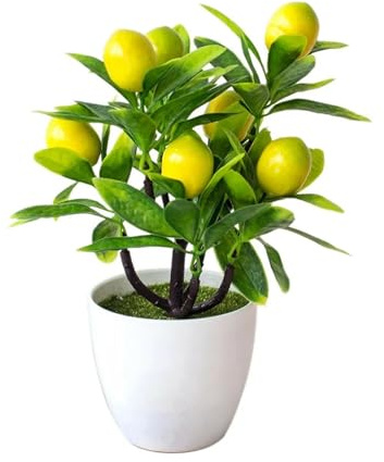 BonsáI Artificial 2 limoneros Artificiales de plástico en Maceta de 18 cm x 24 cm, Flores Falsas for Exterior, jardín, balcón, decoración Floral for el hogar.