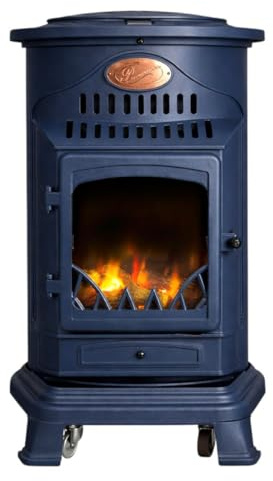 Sahara - Stufa a gas 3,4 KW Ghisa genuina – Riscaldamento supplementare Design Tradizionale Blu Marine Mat - Effetto fuoco di Legno, Mobile su ruote Provence