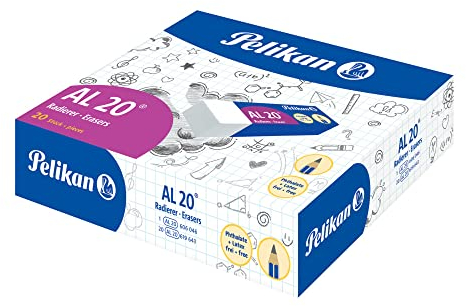 Pelikan Gomme da Cancellare, AL 20, Gomma Bianca, per Matite in Grafite, Disegno Tecnico e Artistico, Adatta ai Bambini, Confezione da 20 Pezzi, Dimensione 65x21x12mm