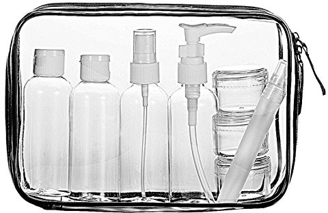 LUZWAY Trousse de Toilette Transparente + 8 Bouteilles Vide de Voyage pour Liquides (Max.100ml), Kit de Voyage pour l’Avion, Set de Bouteilles dans Bagages à Main, Sac Cosmétiques