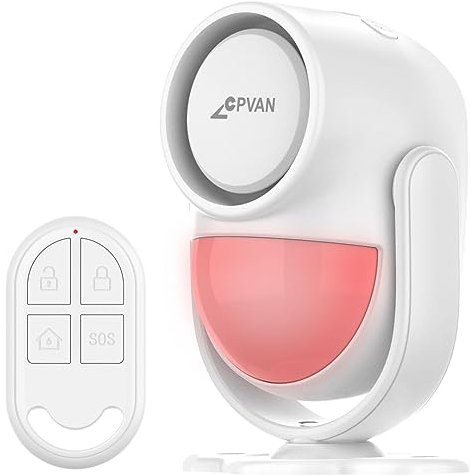 CPVAN Indoor Motion Sensor Alarm with Siren, Remote Control Wireless Infrared DIY PIR Motion Detector Burglar Alarm System, 125dB Adjustable, Battery Operated, for Home/Shed/Garage/Van/Shop.