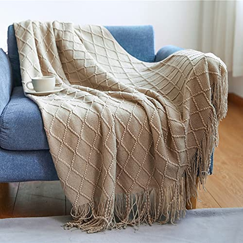 Kuscheldecke Wohndecke Flauschig Beige Taupe Gestrickt Tagesdecke Grob Wendedecke Kuscheldeck Sofadecke Couchdecke Strickdecke Sofa Bett Überwurf 130 x 230 cm Sofaüberwurf mit Kurzen Fransen