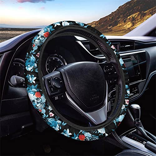 Dolyues Rosen-Skelett/Totenkopf-Aufdruck, Auto-Lenkradbezug für Damen und Herren, Universalgröße, Stretchschutz am Auto-Lenkrad