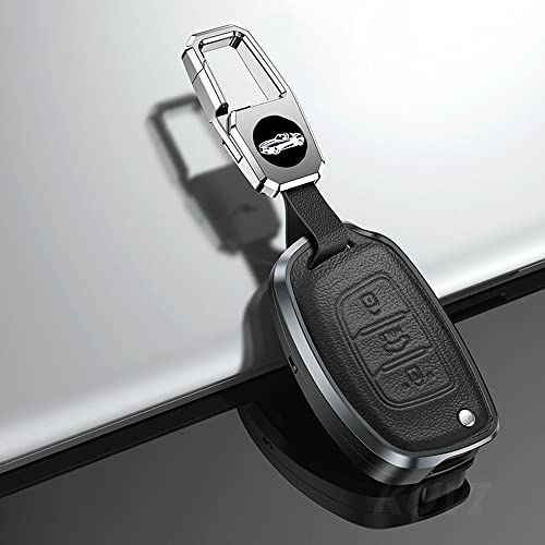 ontto Autoschlüssel Hülle Passt für Hyundai Tucson Creta IX25 i10 i20 i30 Verna Mistra Elantra Santa Fe 2015-2018 Fernbedienung Cover Schlüsselanhänger Metall Leder Schutzhülle Schlüsselcover-Schwarz