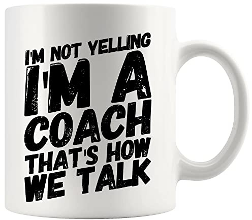 Panvola Tazza da caffè motivazionale in ceramica con scritta in inglese I'm Not Yelling I'm A Coach, regalo motivazionale per allenatori di calcio, calcio, basket, 325 ml, colore: nero