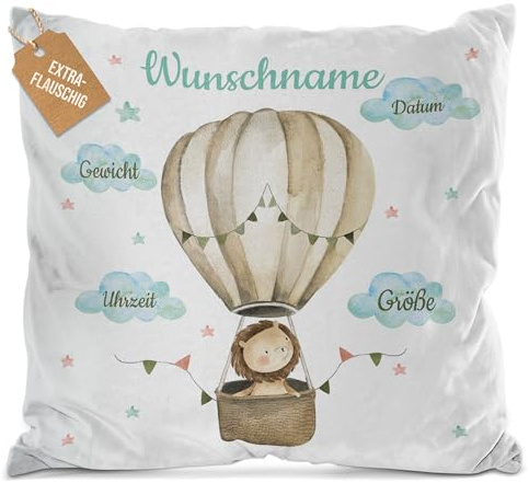 Print Royal PR Flauschiges Kissen zur Geburt - Löwe im Heißluftballon - Geschenk zur Geburt mit Name und Geburtsdaten Personalisieren | 40 x 40 cm, Weiß Flauschig