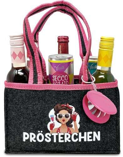 Longfair Witzige Frauenhandtasche inkl. Spiegel - Tragetasche aus Filz für 6 Flaschen-Dosen - Sekt, Wein, Hugo - JGA, Geburtstag
