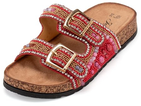 JOMIX Ciabatte Estive da Donna Confortevole e Non Indossare i Piedi Strass Design Superiore Alla Moda ed Elegante con Doppia Fibbia Regolabile WCF250326-12 (Rosso,39)