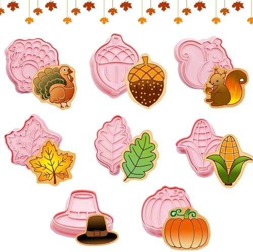 8 Stück Ausstechformen Herbst Erntedankfest, 3D Kürbis Ausstecher, Kunststoff Keksausstecher Herbst, Plätzchen Ausstecher Kinder, DIY Plätzchenausstecher für Fondant, Kekse, Kuchen Deko (Rosa-N)