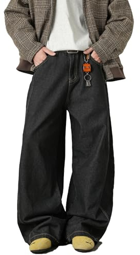 Baggy Hip Hop Jeans for Men Wide Leg Skater Denim Pants Casual Loose Fit Long Trousers A-Black