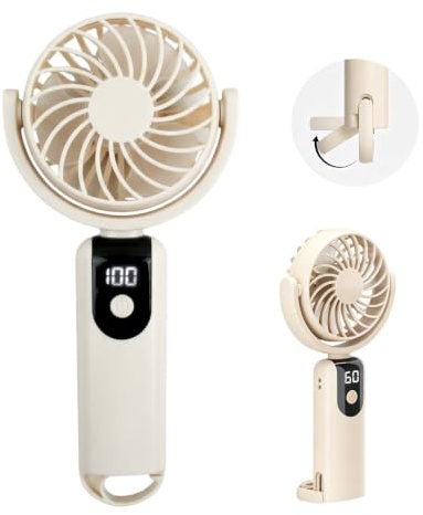 Ventilador de Mano Portátil con Gancho, 100 Velocidades Ajustables y Pantalla LED Digital, Mini Ventilador USB Recargable Potente, Ventilador de Mesa Personal para Viaje, Oficina, Maquillaje - Beige