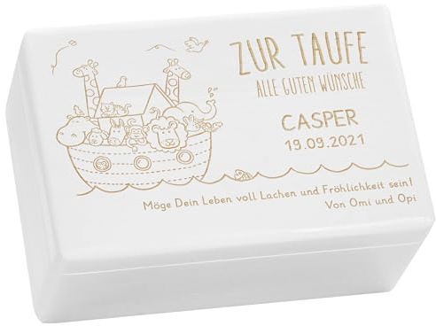 LAUBLUST Holzkiste mit Gravur - Personalisiert mit NAME | DATUM | WIDMUNG - Weiß Größe M - Arche Noah Motiv - Geschenkkiste zur Taufe, FSC®