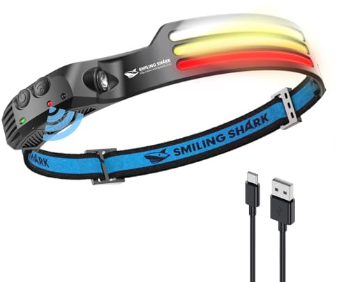 Smiling Shark Lampe Frontale, 230°Angle Large 3*LED Bandes Lumineuses Multi-Couleurs Avec Rechargeable et Capteur de Motion Étanche pour le Camping la Randonnée, Lampe-Frontale-LED-Camping-Light