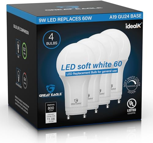 Great Eagle GU24 Led Bulb - A19 Shape, 9W (60W Equivalent), Dimmable, 3000K Soft White, UL Listed, Twist-in Light Bulb, 2 Prong Light Bulbs (4-Pack)