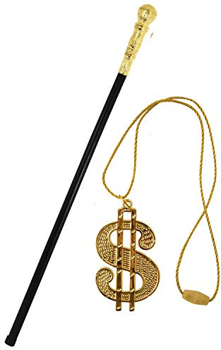 Lizzy® Adult Gold Top Stick Pimp with Gold Dollar Medallion String Cord Necklace |Gangster Posh Rich Gentleman Halloween Costume Accessories