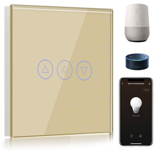 BSEED WiFi Variateur de Lumière,1 Gang 1 Voie Intelligent Interrupteur gradateur Or,Compatible avec Amazon Alexa et Google Home,Interrupteur Connecté WiFi avec Écran Tactile(Ligne Neutre Requis)