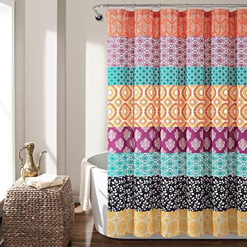 Lush Decor Bohemian Stripe Shower Curtain, 72 W x 72 L, Fuchsia & Orange - Bathroom Curtain - Striped Shower Curtain - Boho Decor - Fabric Shower Curtains