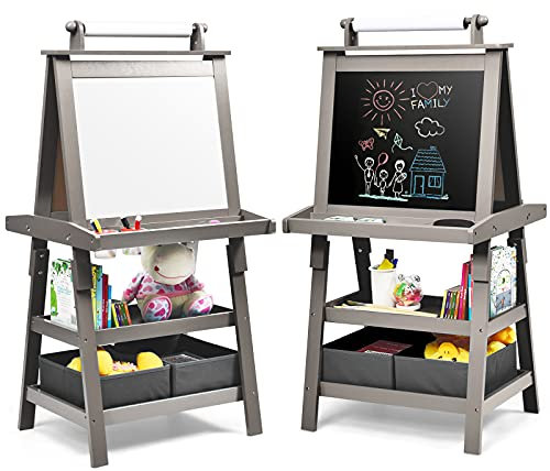 GOPLUS Tableau Enfant Double Face, Chevalet Enfant avec Tableau Blanc/Noir Magnétique Effacable, Rouleau de Papier 2 Boîtes de Rangement, pour 3+ Ans (Gris)