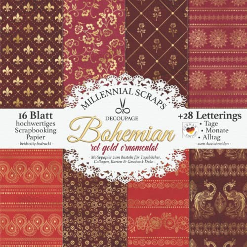 DECOUPAGE Bohemian rot gold ornamental – Motivpapier zum Basteln für Tagebücher, Collagen, Karten & Geschenk Deko –: DIY Papier & Zubehör zum Ausschneiden I Mit Letterings I Kalender Inspo