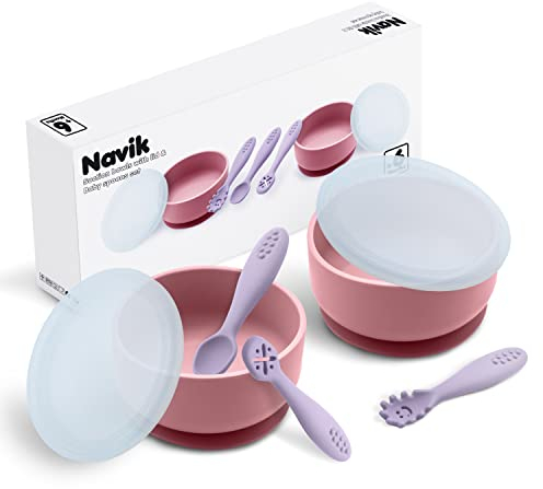 Navik | Set bol ventosa bebe con tapa y cuchara aprendizaje en silicona | cuenco y precucharas | vajilla infantil | +6 meses | Rosa y violeta