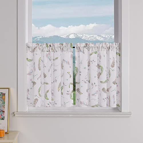 Delien 2er Set Scheibengardinen Blickdicht Bistrogardine Modern mit bunten Mustern »Feder« Küchengardinen Landhaus Dekoschals Kurz Fenstergardinen mit Tunnelzug BxH 145x60cm,Weiß
