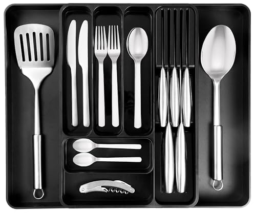 Nuovva Adjustable Utensil Tray – Expandable Drawer Divider for Knives, Forks and Spoons – Black