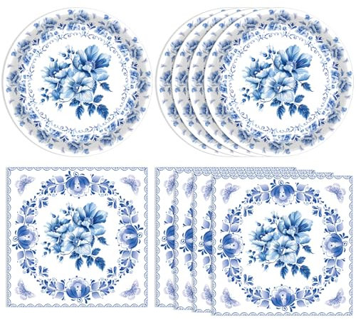 40 decorazioni floreali di compleanno a tema floreale blu e bianco stoviglie usa e getta piatti e tovaglioli blu forniture per feste per matrimoni, baby shower, addio al nubilato, vacanze, feste di