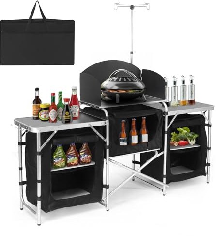 Pnbfhn Camping Kitchen Table, Folding Table,Outdoor Cooking Table with Storage Carrying Bag, Aluminum Cook Station with Windscreen and 3 Multifunctional Storage Cupboards, BBQ, Outdoor, RV, Party