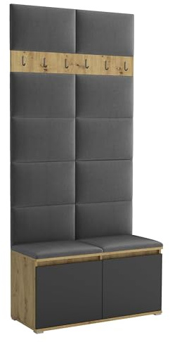 Brent - Garderobenschrank Flur Artisan Eiche Schwarz mit sitzbank 100 cm Breit Luton 1 - Multifunktionale Flurgarderobe Set mit Stauraum und Wandpaneel, Garderobe mit Sitzfläche und Kleiderhaken
