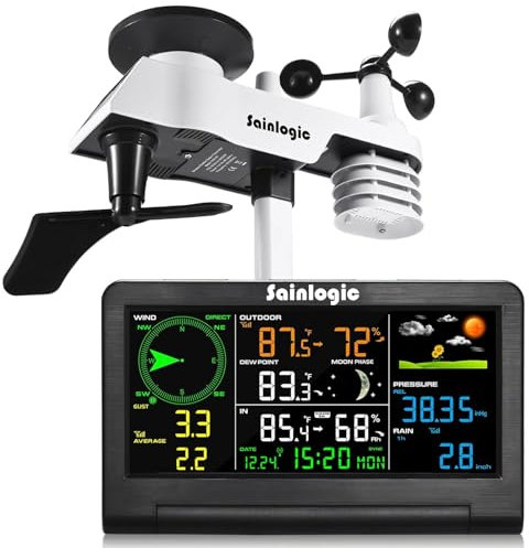 Sainlogic Weather Station Wireless Indoor Outdoor Sensor,Rain Gauge,Wind Gauge,Temperature,Humidity,Air Pressure,Forecast,Moon Phase,Alarm Clock(No WiFi)