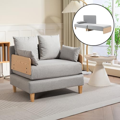 [en.casa] Poltrona Trasformabile in Letto con Apertura a Libro Divano Ribaltabile in Letto Singolo Rivestimento in Tessuto Cuscini Inclusi 81x88x68cm Grigio Chiaro