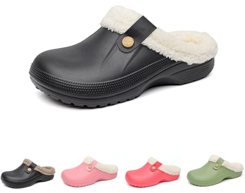 frysen Zuecos para Mujer y Hombre Zapatillas de Casa Abrigadas y Impermeables con Peluche Pantuflas de Invierno Zapatos de Jardín Antideslizantes Invierno para Exteriores Blackwhite 38/39EU