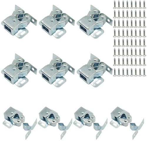 Aoserge 10 Pcs Cabinet Latch Double Roller Catch - Heavy Duty Iron Steel Cabinet Latches with Screws, Silver Finish Roller Catches for Cabinets, Closet Doors, Cupboards & Furniture