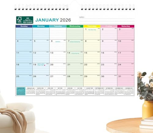 Kalender 2026–2027 | Tjockt papper med anteckningar från helgdagar | 18 månaders kalender januari 2026–2027 | För hemmakontor skola akademisk planering möten jul och nyår