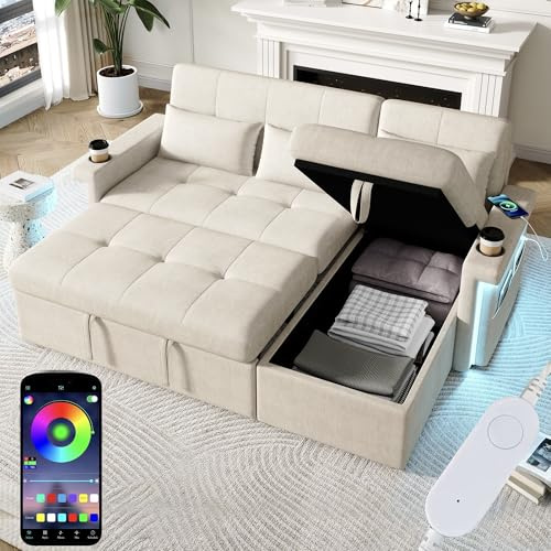 Sofá Convertible de 3 plazas en L con LED y USB y respaldo ajustable, sofá esquinero convertible con almacenamiento y portavasos, sofá cama con cojines multifuncionales en el salón Appt, beige