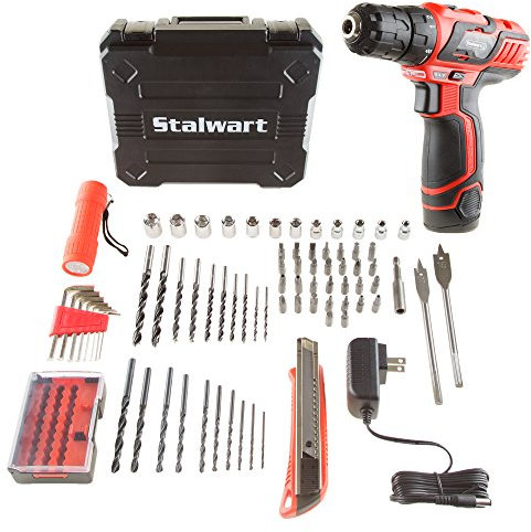 75-Piece 12V 2-Speed Cordless Drill and Accessories Set – Tool Kit with Drill, Lithium-Ion Battery, LED Flashlight, Boxcutter, and Case by Stalwart