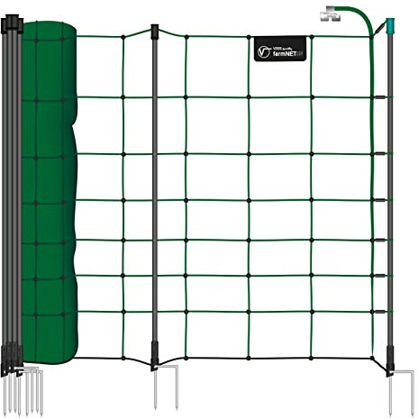 VOSS.farming Premium Schafnetz farmNET+ 50m 90cm Elektronetz 20 Pfähle 2 Spitzen grün, Hundezaun Weidezaun, Agilitynetz