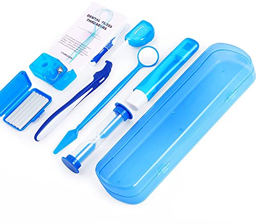 ZKSMNB Orthodontic Care Kit, Braces Kit, Portable Orthodontic Cleaning Kit, V-Brush Oral Mirror Interdental Brush Dental Floss Dental Wax Oral Care Travel 8-Piece Set (Blue)