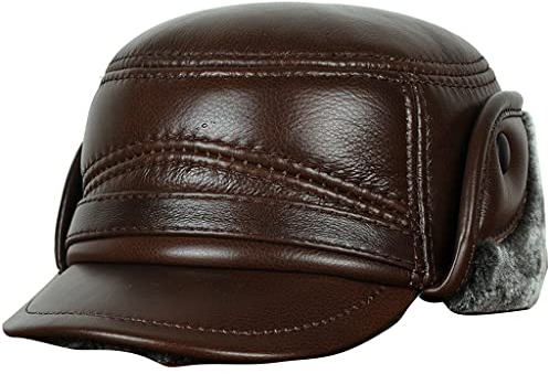 ZHOUXIAO Winter Lederhut Mit Ohrklappen Für Männer Und Frauen, Winddichter Wasserdichter Bomberhut Aviator-Trapper-Hut, Warmer Weicher Faux-Pelzhut, Geschenk Für Älteste brown-60-61CM