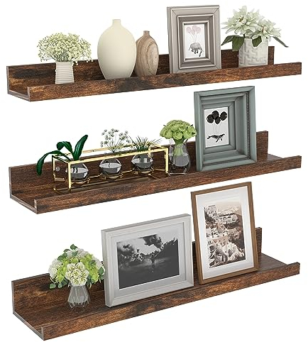 EXYGLO Mensola da Muro 60 cm, Mensola Galleggiante in Legno MDF Marrone Rustico, Salvaspazio per Camera da letto, Soggiorno, Ufficio e Cucina, Set da 3