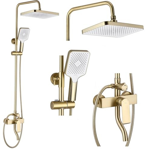 Rea Duschsystem HASS Gold Duschset Duscharmatur mit Duschkopf und Kopfbrause aus Messing Duschgarnitur für Badezimmer (Gold)